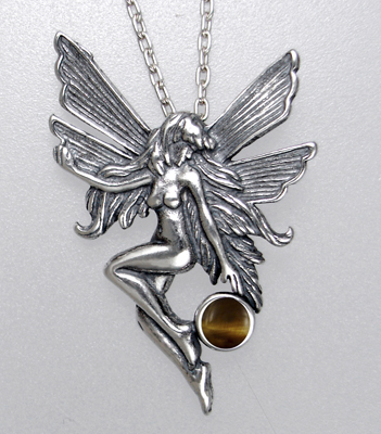 Sterling Silver Fairy Pendant Necklace With Tiger Eye